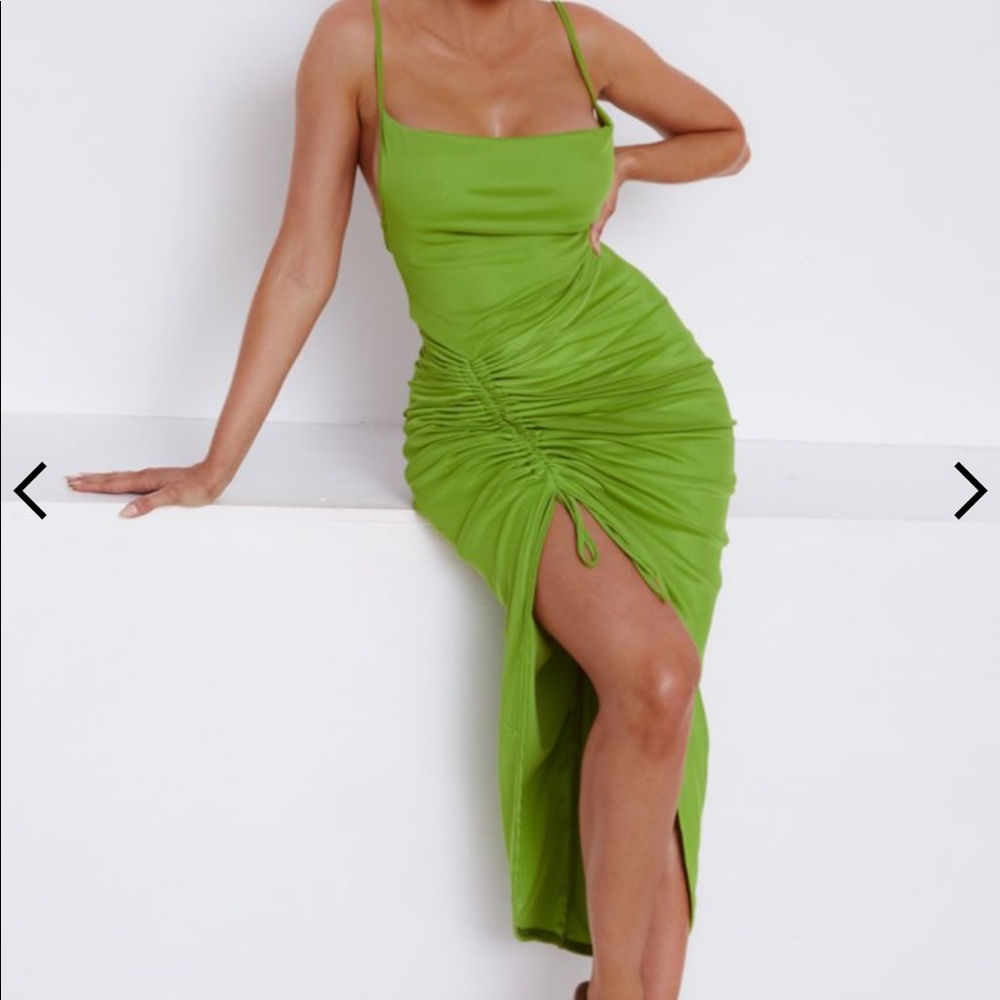 Chartreus Mesh Ruched Bodycon Strappy Side Split Midi Dress